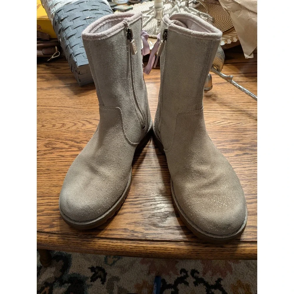 UGG Australia Kids Suede Lace Up Side Zip Boots Tan Glitter Size 3 - Picture 1 of 10